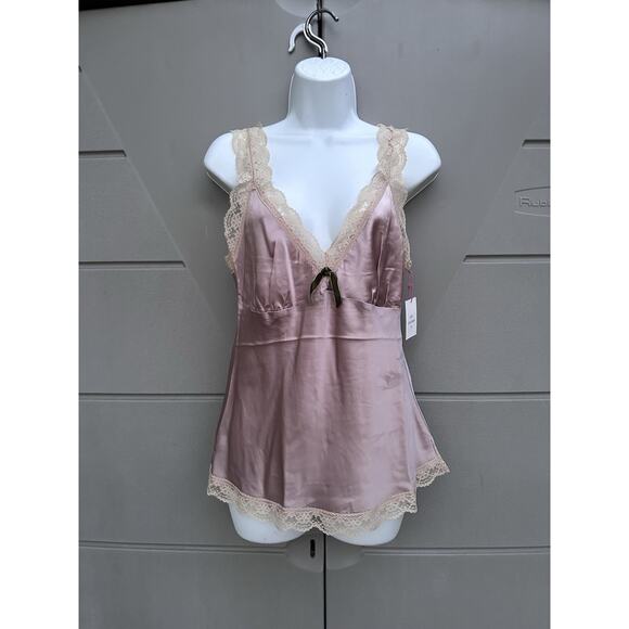Y2K Gold Hawk Luxury Silk Babydoll Top Sz M Tan Mauve Lace Fairycore Coquette - Picture 1 of 8